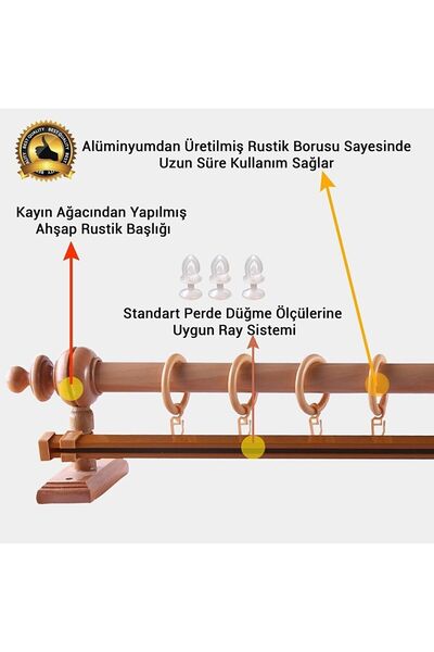MGEHOME Meşe Tek Raylı Ahşap Rustik Perde Askısı 200 Cm