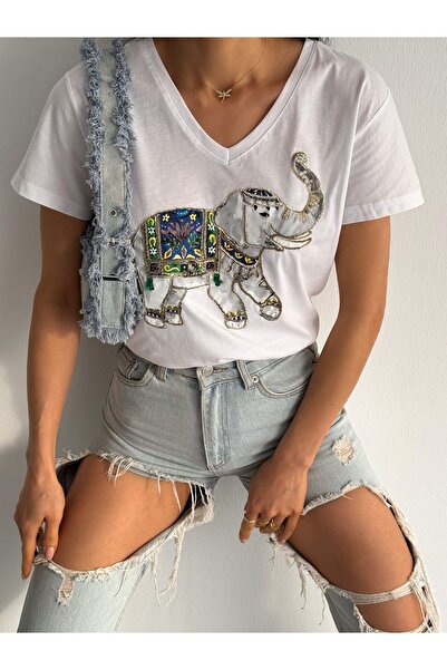 ERTULTEXTILE تي شيرت نسائي مطرز بنقشة الفيل 100% من القطن للموسم الجديد