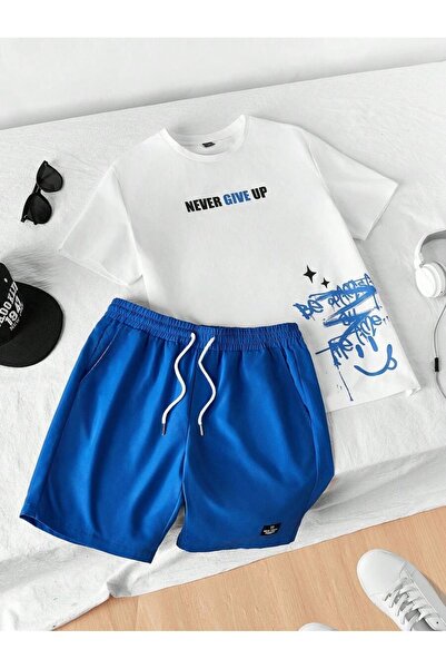 LecaTTe White Sax Blue - Oversize Never Give Up Printed Men's T-shirt and Sho...