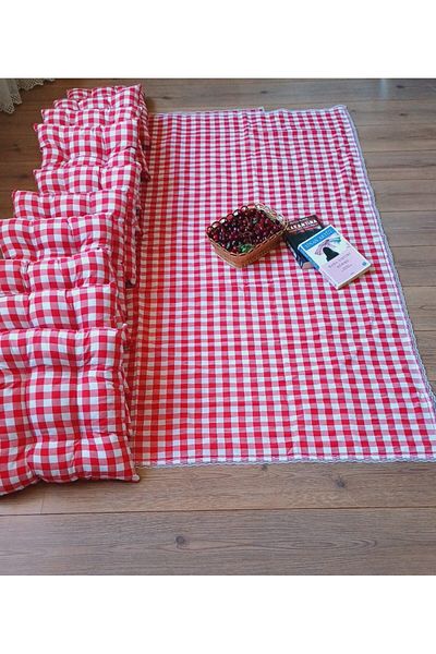 Marin Tasarım Evi Red Picnic Cloth Set - 10 Pieces 40x40 Cushion 170x190 Table Cloth