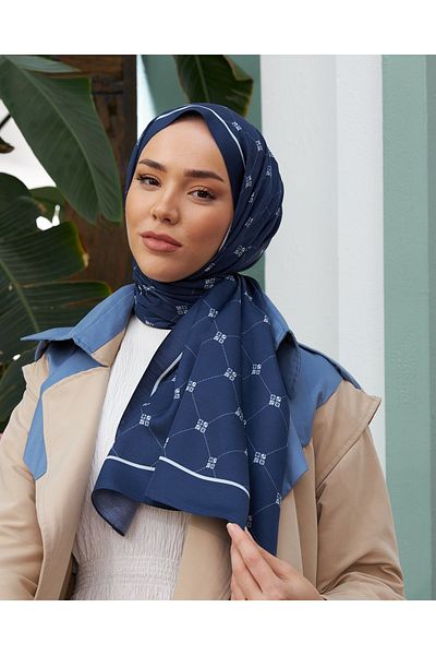 Silk Home Navy Blue-White 100% Twill Silk Monogram Shawl