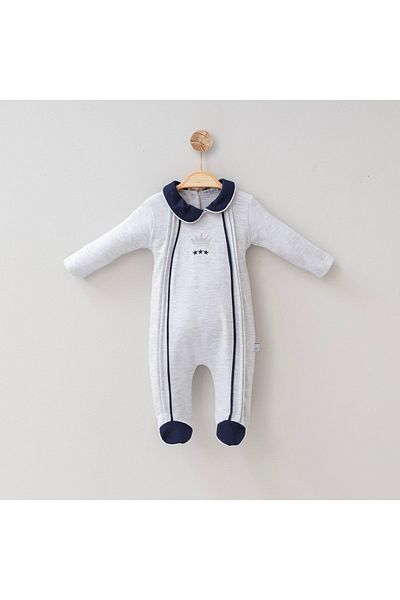 MİNİBORN Newborn Men's Long Sleeve Gray Crown Of King Romper Jumpsuit