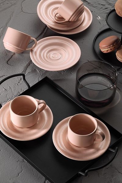 Kütahya Porselen Porzellan Tsrm New Tuvana – 12-teiliges Kaffeeset für 6 Personen, rosa, neues Modell 985448