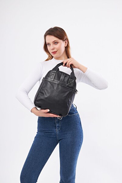 DERİNSS Genuine Leather Black Women's Bag - Back and Shoulder Set _ Dkb004