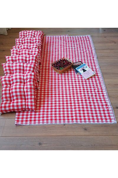 Marin Tasarım Evi Red Picnic Cloth Set - 8 Pieces 40x40 Cushion 170x180 Table Cloth