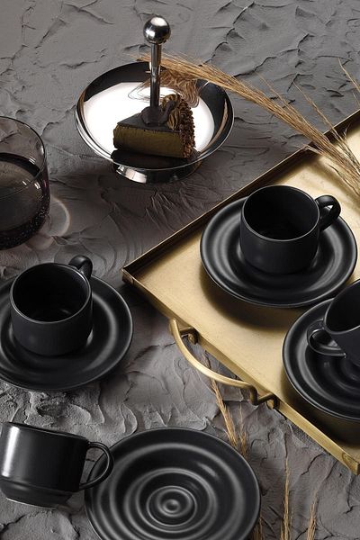 Kütahya Porselen Gkcx Porcelain Tuvana 12-teiliges Kaffeeset für 6 Personen – Anthrazit Star Collection 1017785