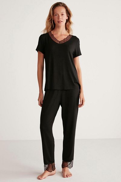 Penyemood Black Lace Women's Pajamas Set - Short Sleeve C6T5N4O9