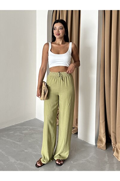 Laluvia Green 100% Linen Palazzo Trousers 3455