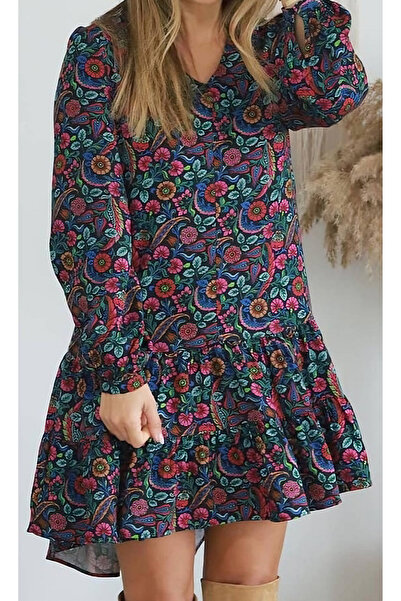 herry fashion Çiçek Baskılı Viskon Kumaş V Yaka Midi Elbise
