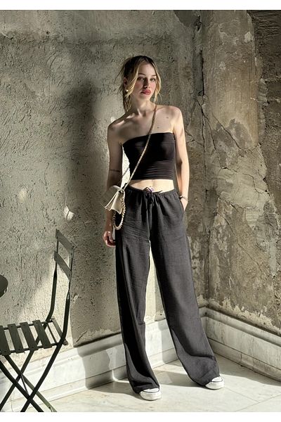 hazelin Black Linen Trousers - Wide Leg with Pockets and Elastic Waist HZL24S-ZK11051