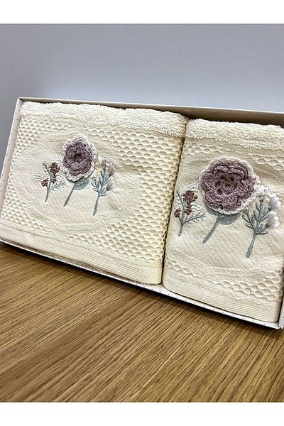 AYHANHOME 3D Flower Embroidered Boxed Dowry 1 Piece 50x90 Hand Face Towel 1 Piece 30x50 Kitchen Towel
