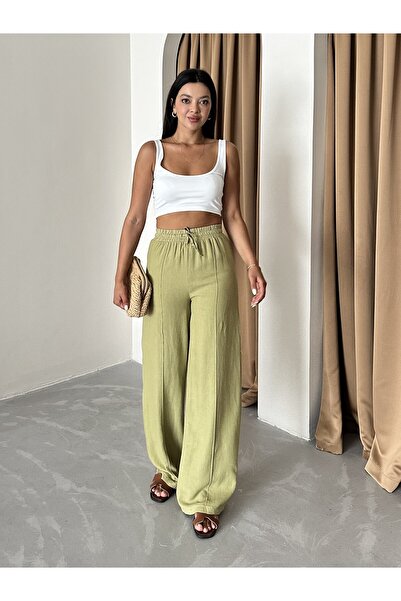 Laluvia Green 100% Linen Palazzo Trousers 3455