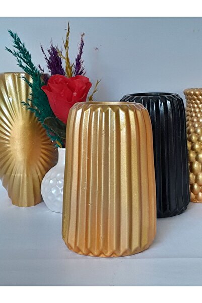 elvanhobi Vazo çizgili dekoratif vazo saksı 15 cm gold