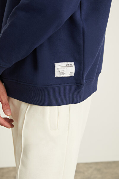 GRIMELANGE NATAS Férfi Regular Fit 3 szál raszteres kerek nyakú címke részletes sötétkék pulóver