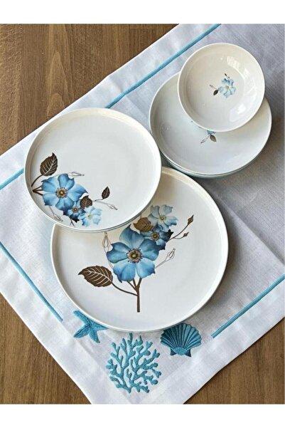 Sembol Blue Rose Mavi Gül Desen Bone Chine Porselen 24 Parça Yemek Takımı Vogue008