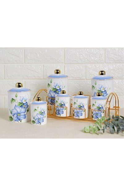 Sembol Aero Mavi Çiçek Desen 8 Parça Gold Standlı Porselen Baharat Takımı Purebone-40