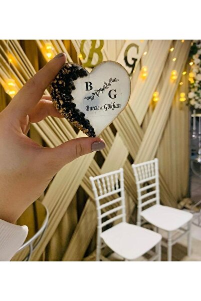 GOLD ORGANİZASYON Taşlı Siyah Kalp Epoksi Magnet 50 Adet Söz Nişan Nikah Kına...