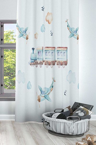 3D ELSE HALI Blue Patterned Train Airplane Background Curtain for Boys' and Baby's Room