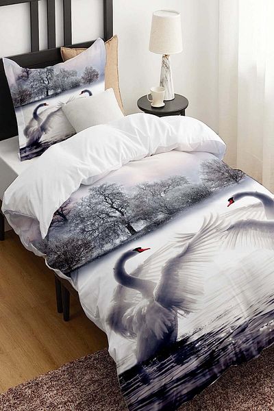 3D ELSE HALI Single White Swans Patterned Cotton Satin Children's Bedding Set