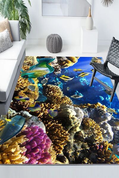 3D ELSE HALI Akvaryum Balıklar Desenli Modern Kaymaz Yıkanabilir Mutfak Salon...