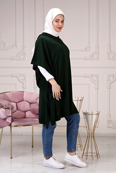 ilmek Γυναικείο Πλεκτό Πόντσο με κουκούλα με κορδόνια σε σμαραγδί