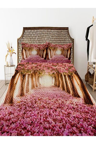 3D ELSE HALI Pink Love Way Patterned Printed Double Bedspread and Pillowed Pique Set