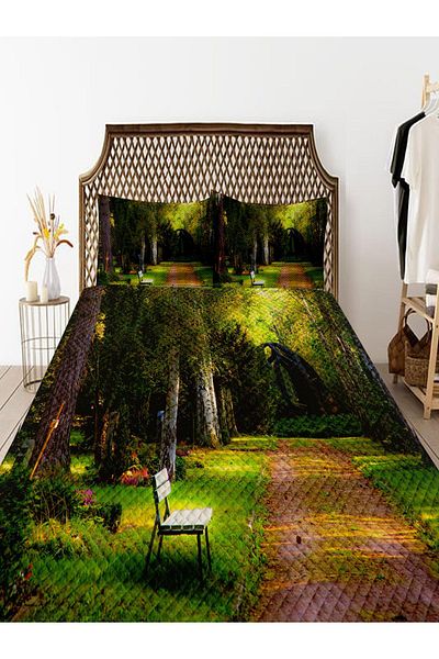3D ELSE HALI Forest Bench Patterned Printed - Double Bedspread and Pillowed Pique Set