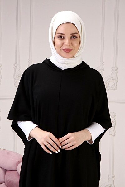 ilmek Γυναικείο Πλεκτό Πόντσο με Μαύρο Πλαϊνό Δαντέλα με Κουκούλα