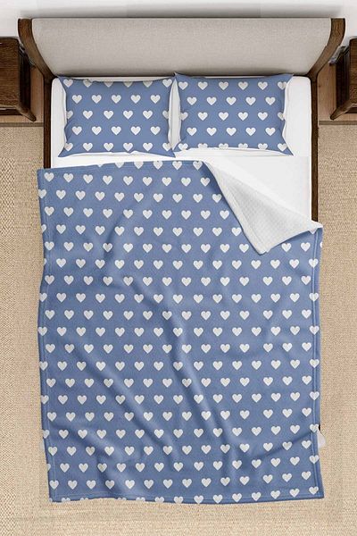 3D ELSE HALI Blue Heart Patterned Double Pillowed Printed Bedspread Pique Set 200x220cm