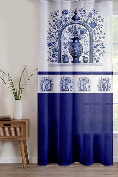 3D ELSE HALI Vintage Patterned Printed Blue and White Tulle Curtain - Living Room and Kitchen Decorative 140x260cm