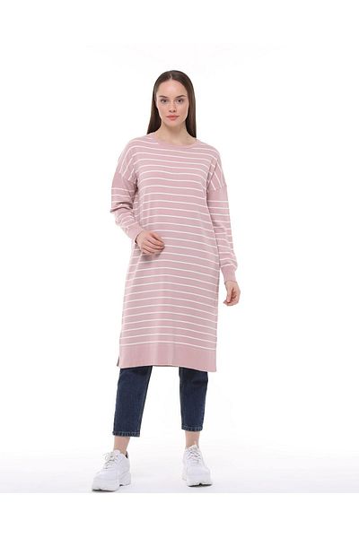 ilmek Women's Powder Pink Striped Long Knitwear Hijab Tunik