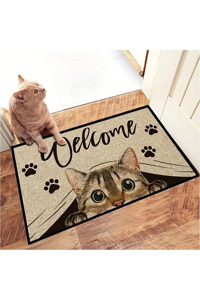 3D ELSE HALI Cat Welcome Patterned Modern Interior and Exterior Door Mat 40x60cm