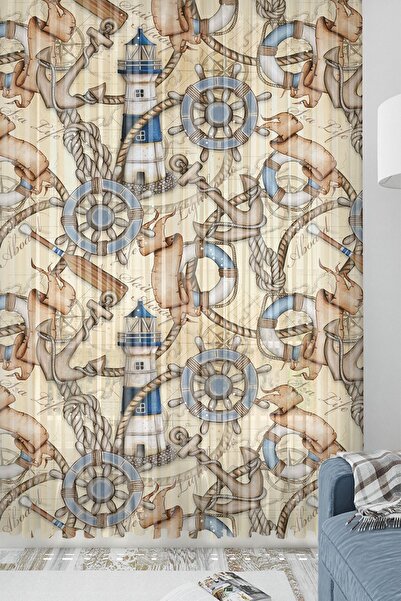 3D ELSE HALI Else Kahve Mavi Denizci Desenli Modern Tek Kanat Tül Perde 140x260