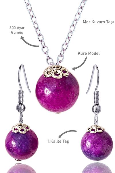 Tesbih Atölyesi Purple Quartz Stone Globe Model Necklace and Earring Set - Silver Apparatus