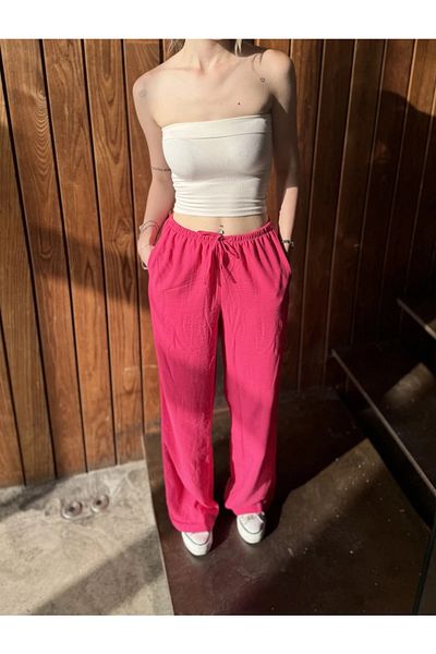 hazelin Pink Linen Trousers - Wide Leg with Pockets and Elastic Waist HZL24S-ZK11051