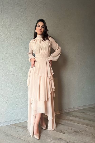 Seda Yalçın Atelier Beige Turtleneck Dress with Drape Detail
