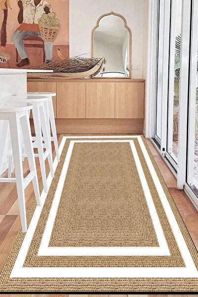 3D ELSE HALI Dijital Kaymaz Kahverengi Jüt Görünümlü Beyaz Çerçeveli Mutfak H...