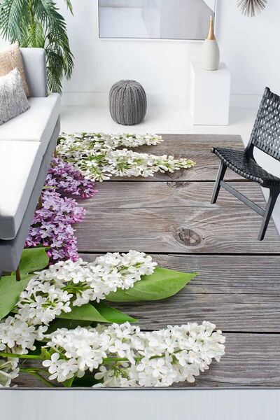 3D ELSE HALI Mor Lavanta Çiçek Desenli Modern Kaymaz Yıkanabilir Mutfak Salon...