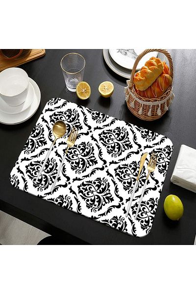 Else Dekor Μαύρο Λευκό Damask που πλένεται αντιολισθητικό ορθογώνιο αμερικανικό πιάτο σερβιρίσματος κάτω από το πιάτο