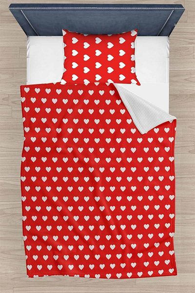 3D ELSE HALI Red Heart Patterned Single Pillowed Printed Bedspread Pique Set 160x220cm