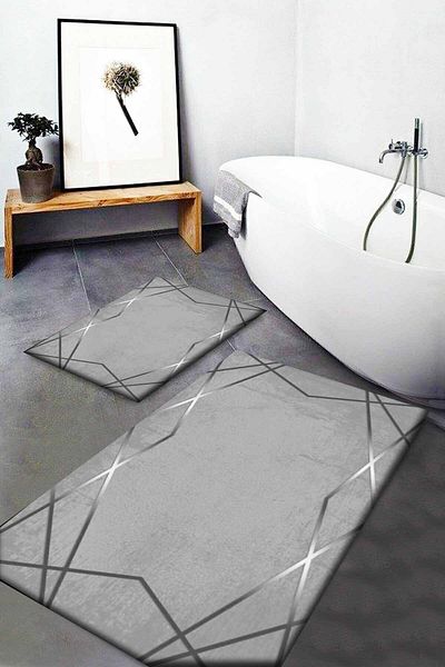 3D ELSE HALI Else Light Gray Striped Patterned Washable Non-Slip Base 2-Piece Bathroom Rug Mat Toilet Seat Set