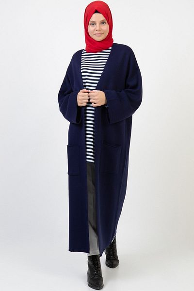 ilmek Women's Navy Blue Winter Kimono Sleeve Pocket V-Neck Cardigan 4100