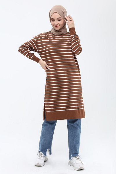 ilmek Women's Striped Long Knitwear Hijab Tunic 4355