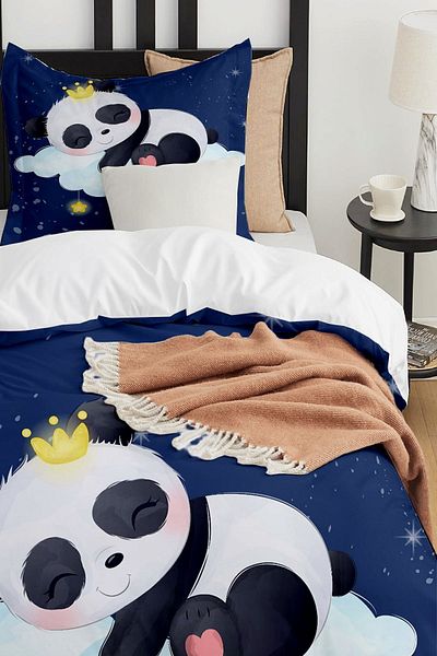 3D ELSE HALI Blue Cute Sleeping Panda Patterned Single Children's Duvet Cover Set Without Sheets