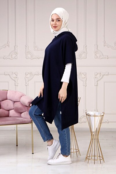 ilmek Γυναικείο Πλεκτό Πόντσο με κουκούλα με κουκούλα μπλε Navy