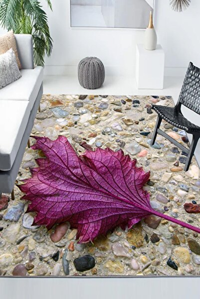 3D ELSE HALI Mor Yaprak Taş Desenli Modern Kaymaz Yıkanabilir Mutfak Salon Ha...