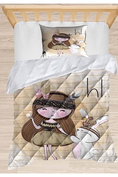 3D ELSE HALI Brown Bohemian Girl Rabbit 3D Patterned Single Children's Quilt Sleeping Set