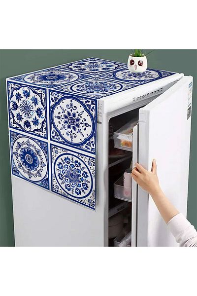 3D ELSE HALI 60x140 cm Blue and White Tile Patterned Freezer and Refrigerator Cover
