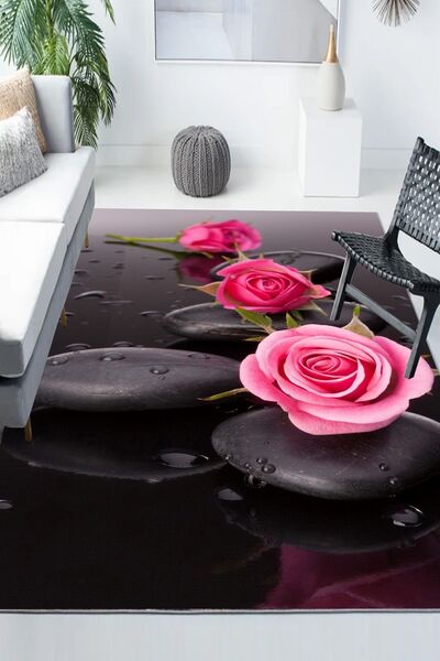 3D ELSE HALI Spa Taşlı Pembe Gül Desenli Modern Kaymaz Yıkanabilir Mutfak Sal...