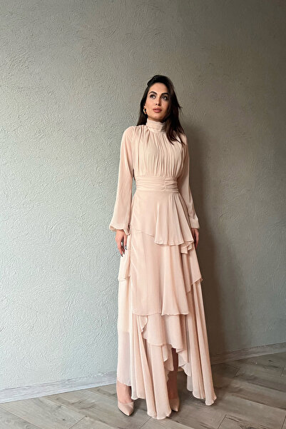 Seda Yalçın Atelier Beige Turtleneck Dress with Drape Detail